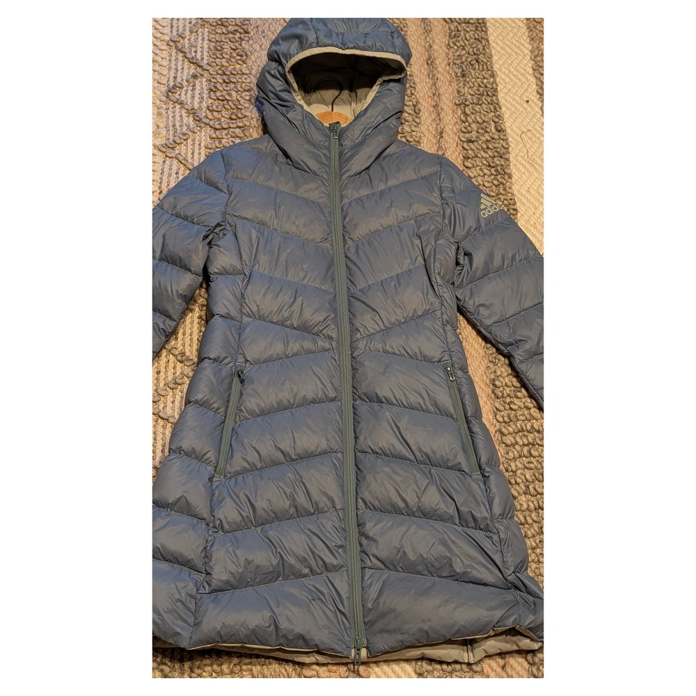 Adidas Womens S Long Down Puffer Coat Hooded Blue Gray Duck Down Winter Jacket